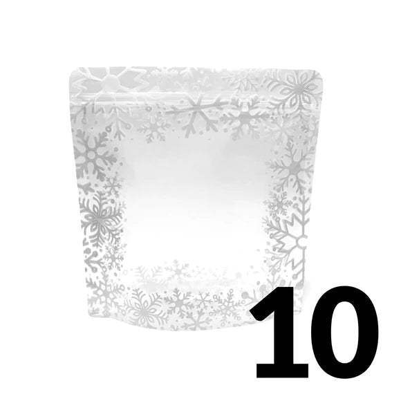 Clear plastic resealable snowflake cookie bag with silver snowflake pattern along the edges pack of 10 bags