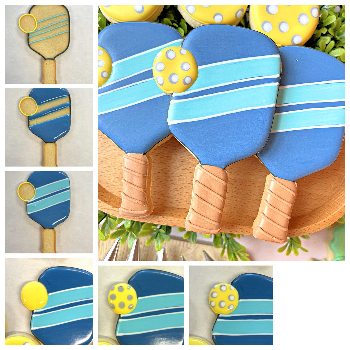 Blue and light blue striped pickleball paddle-shaped cookies with yellow polka-dotted ball decorations made using cookie cutter
