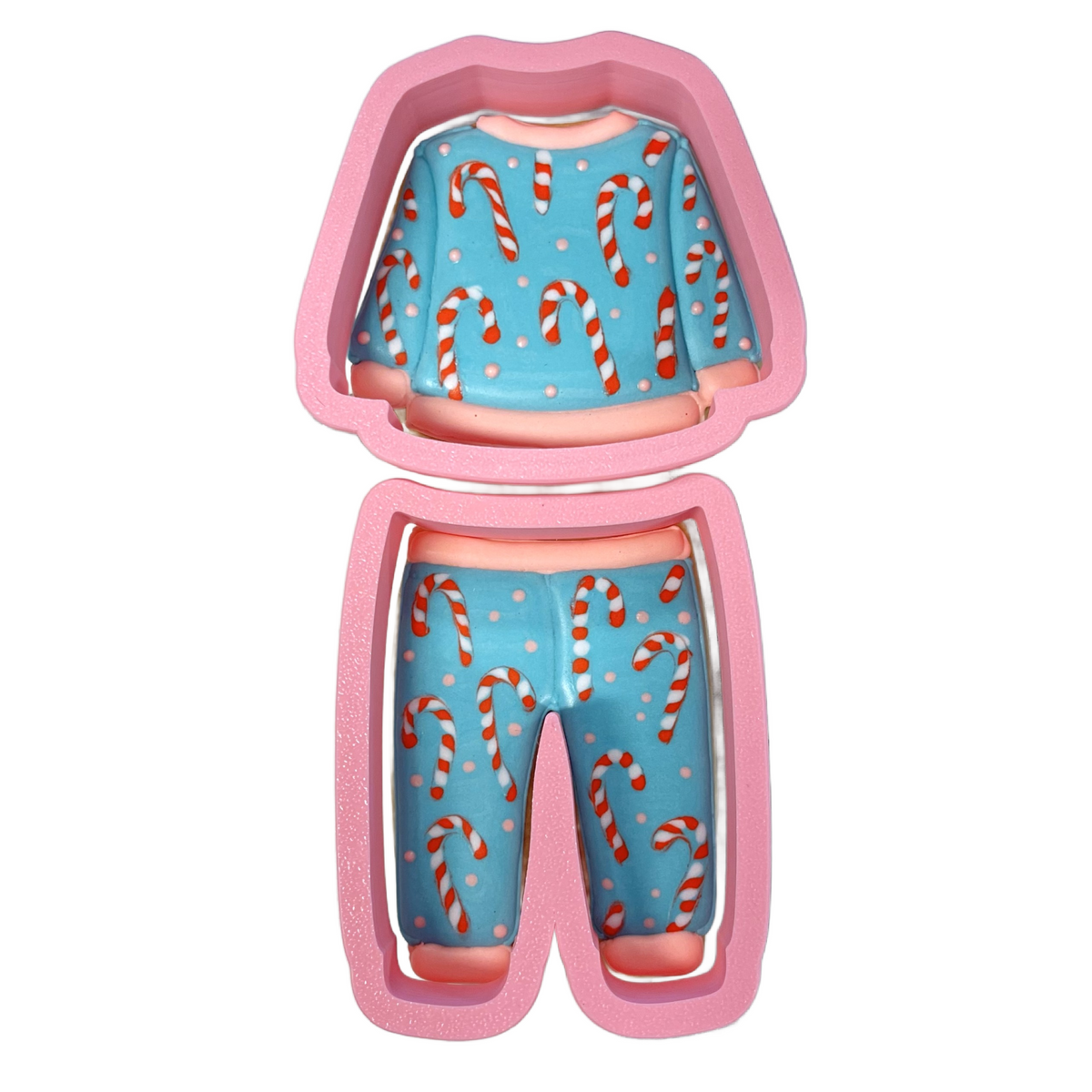 Pink silicone candy cane-themed pajama top and bottom 2pc cookie cutter set with blue and red white striped patterns