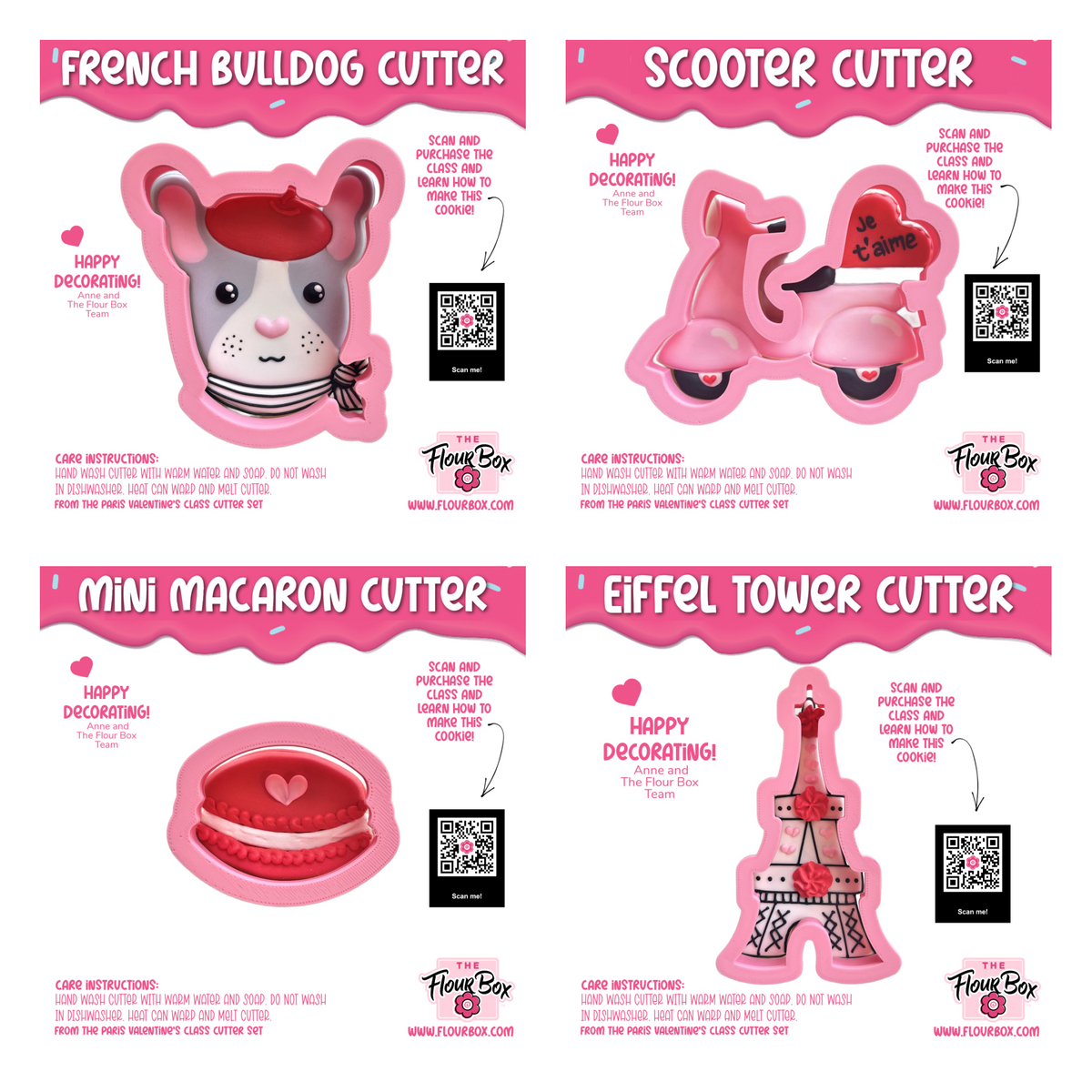 Pink silicone french bulldog cookie cutter with red beret and striped scarf for paris valentine’s cookie decorating class recording