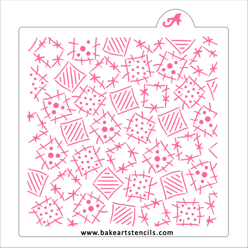 Pink geometric patterned baking stencil with scalloped top edge and letter a logo from Patchwork Pattern BakeArt stencil