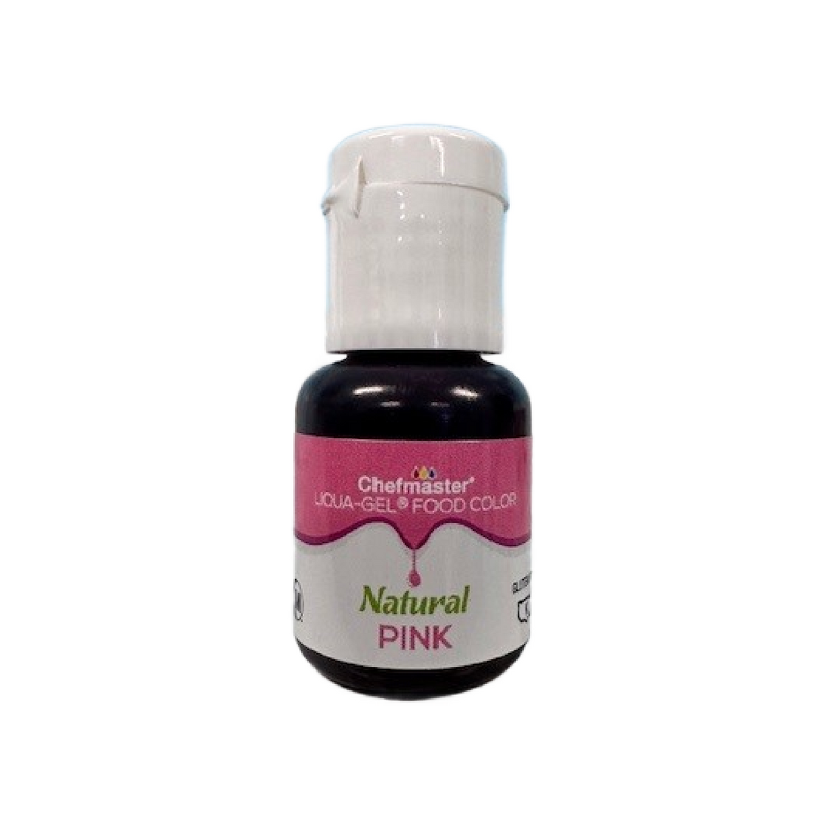 A small 10ml bottle of chefmaster liqua-gel natural pink food color with a white cap and pink label design