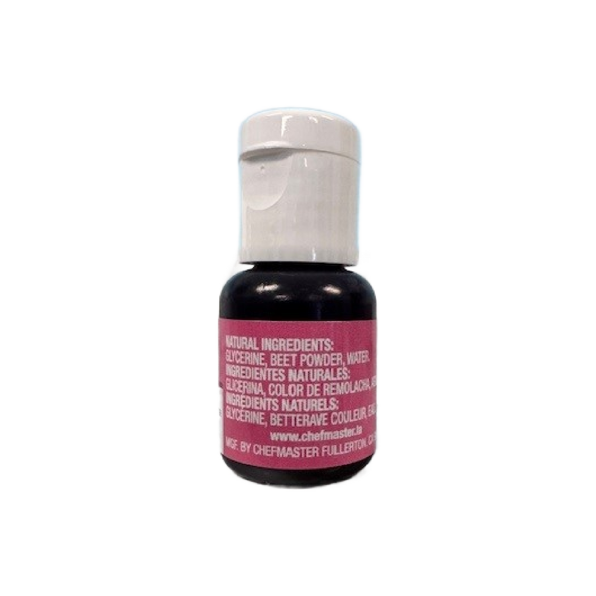 A small black bottle of natural pink chefmaster 10ml liqua-gel beetroot-colored food coloring with white flip-top cap