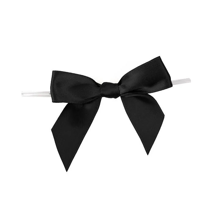 Black pre tied bow headband in satin with a sleek glossy finish and neatly tied loops for stylish wear 25 pack