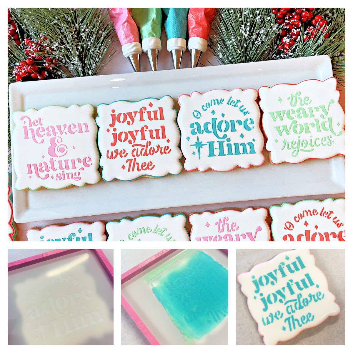 White sugar cookies with scalloped edges decorated in pink red teal and green icing using pretty square plaque cookie cutter