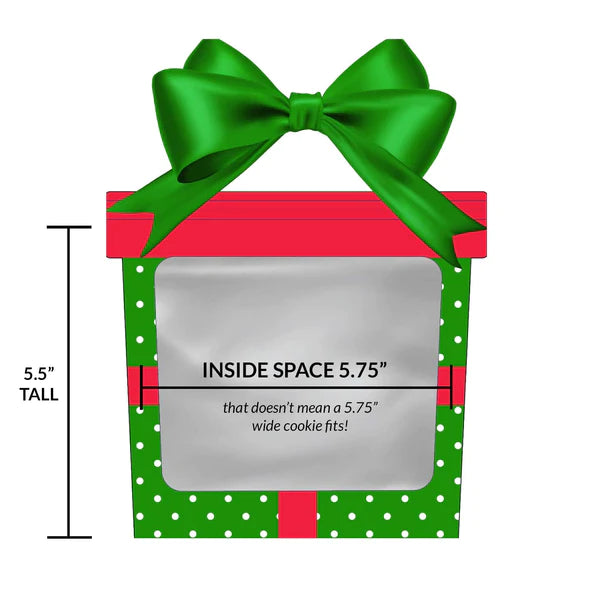 Green gift cookie bag with green and red polka-dotted box and shiny green ribbon bow 10 bags pack