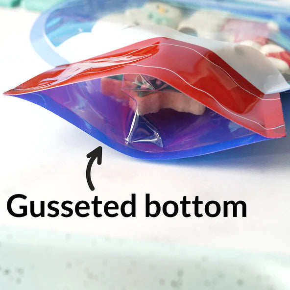 Red and blue gusseted-bottom resealable plastic bags for cookies snow globe cookie bag 10 bags pack