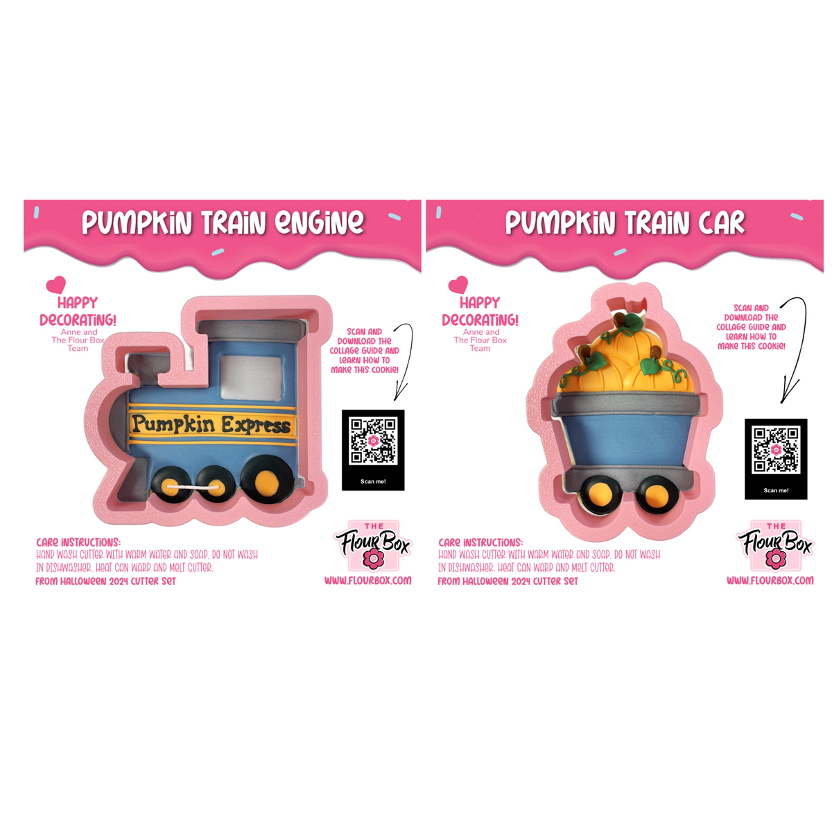 Blue pumpkin train engine cookie cutter with yellow accents and pumpkin express text in pumpkin train cookie cutter bundle