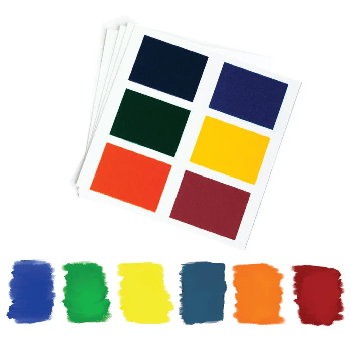 A stack of white paper sheets with six square color swatches in navy blue dark green yellow orange and red for pyo confetti paint palette cookie countess bulk