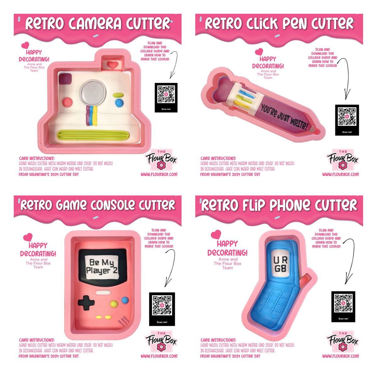 Pink silicone retro valentine cookie cutter shaped like a camera with colorful details and heart accents