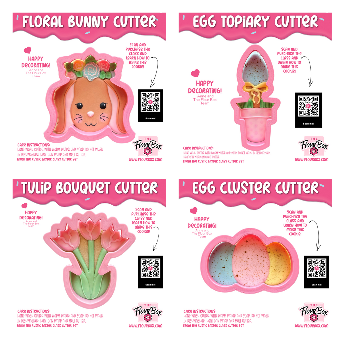 Pink plastic cookie cutters shaped like bunny with floral crown egg in pot with ribbon tulip bouquet and clustered eggs for rustic easter decorating class