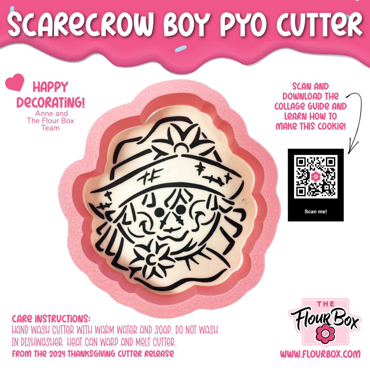 Pink silicone scarecrow boy pyo cookie cutter with black outline design for decorating and baking bundle