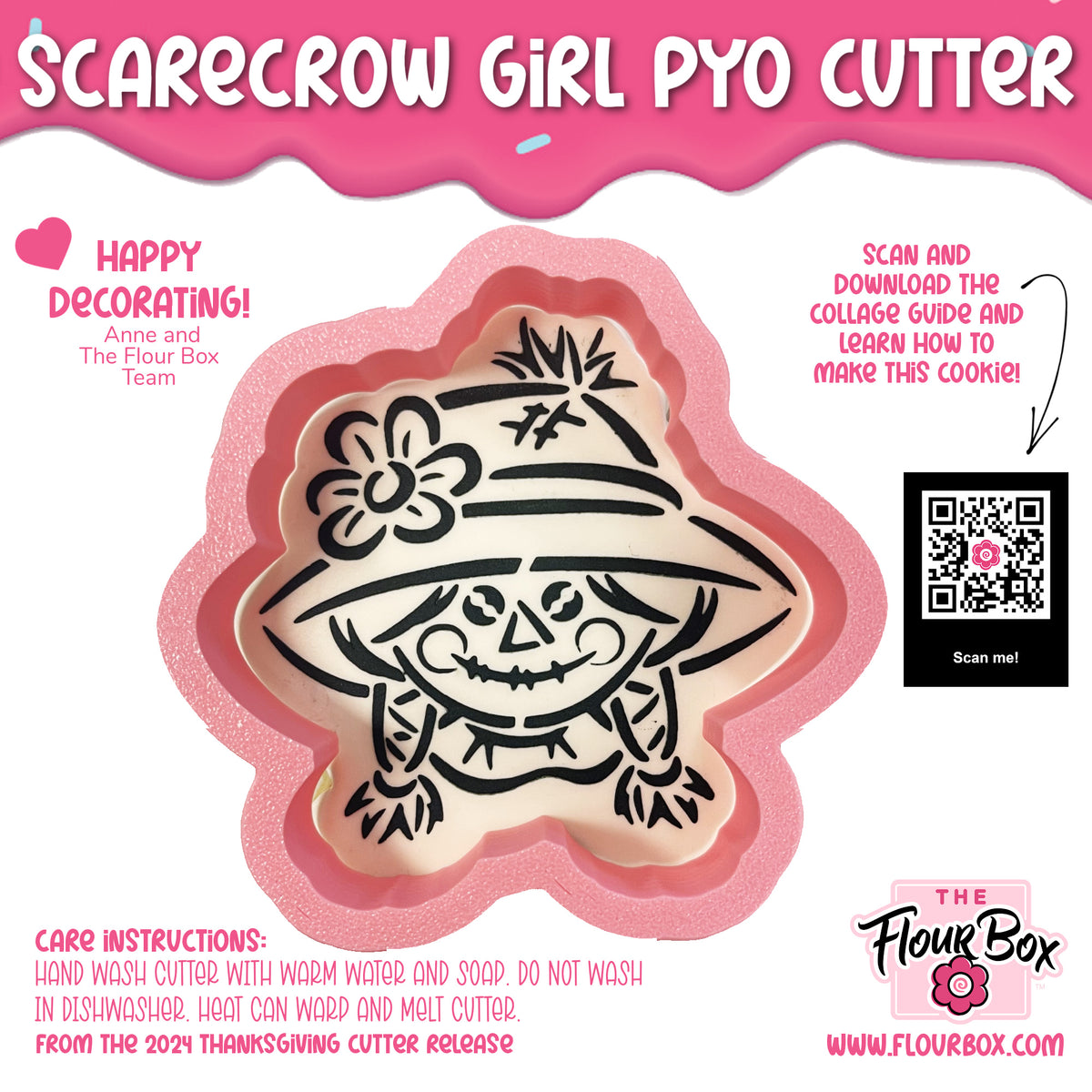 Pink silicone scarecrow girl pyo cookie cutter with black outline design for baking and decorating bundle
