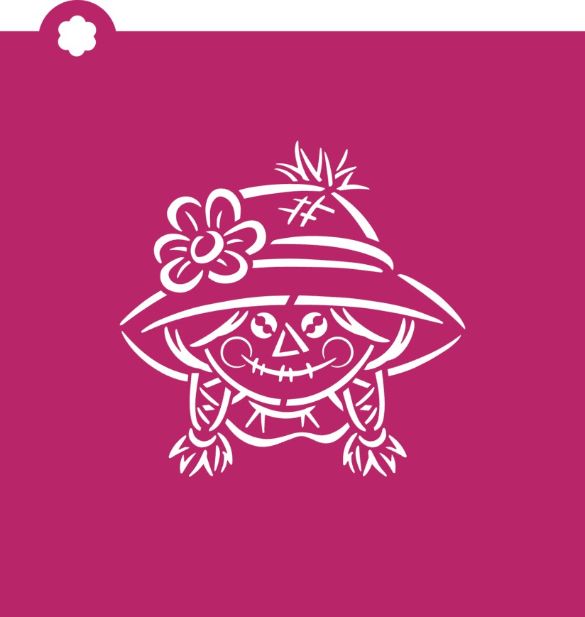 White outline stencil of smiling scarecrow with hat and flower for scarecrow girl pyo cookie cutter and stencil bundle
