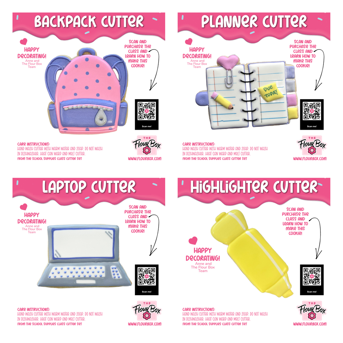 Pink and purple polka-dotted backpack-shaped cookie cutter for school supplies online decorating class recording