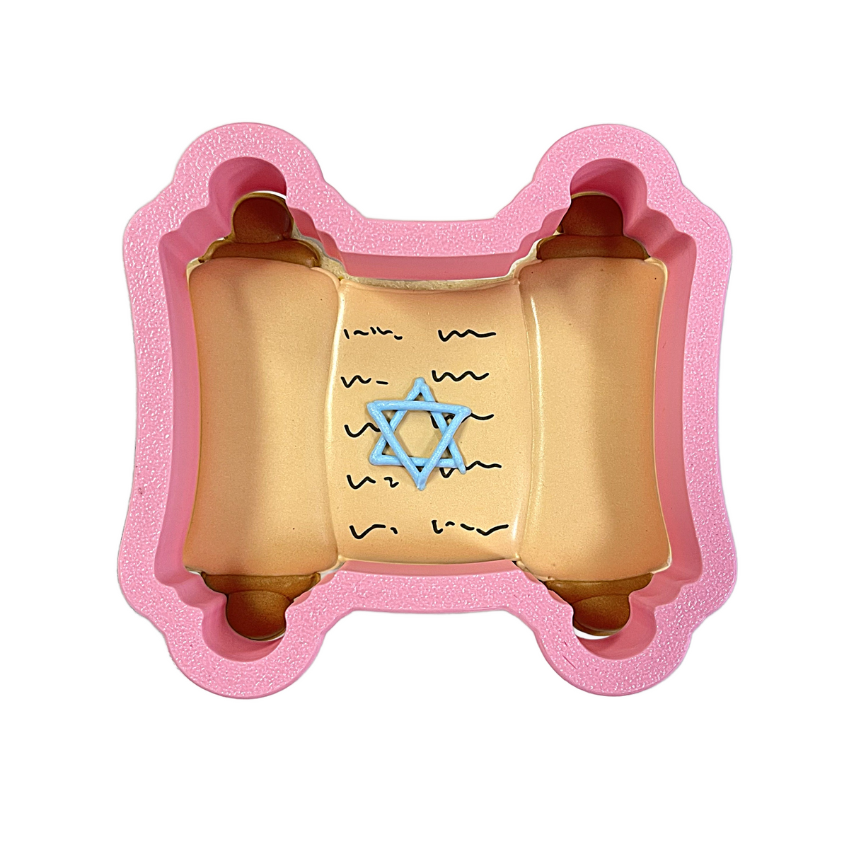 Pink silicone scroll cookie cutter shaped like a torah scroll with tan parchment and blue star of david design