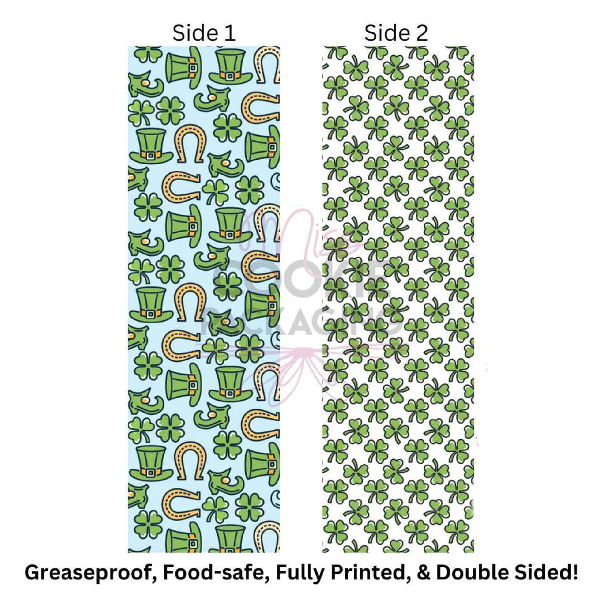 This back side of a double-sided greaseproof paper features festive st design for Lucky Blue Clovers cookie bag backer card