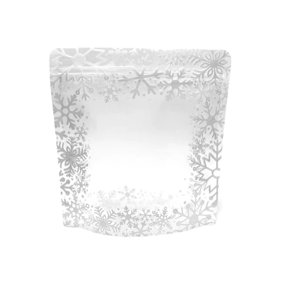 Clear resealable pouch with silver snowflake pattern along edges for snowflake cookie bag set of 10 bags