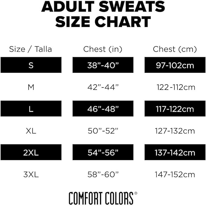 Adult sweatshirt size chart from comfort colors showing chest measurements in inches and centimeters for cookie lady crewneck sweatshirt sizes s to 3xl