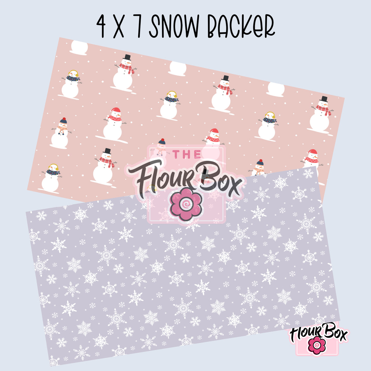 Two 4x7 inch snow cookie box backer papers featuring cartoon snowmen on pink and white snowflakes on lavender backgrounds