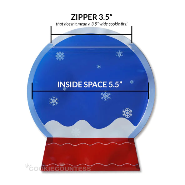 Blue and red snow globe shaped cookie jar with white snowflake decals in a 10 bag set for holiday treats