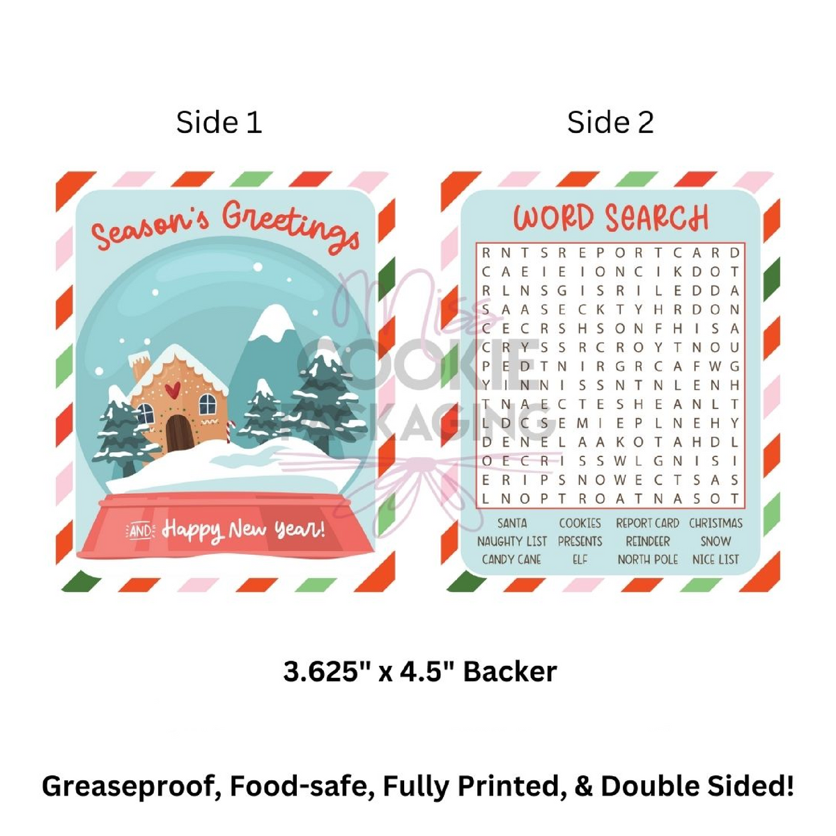 Double-sided holiday backer with festive gingerbread snow globe on front and christmas word search puzzle on back for cards