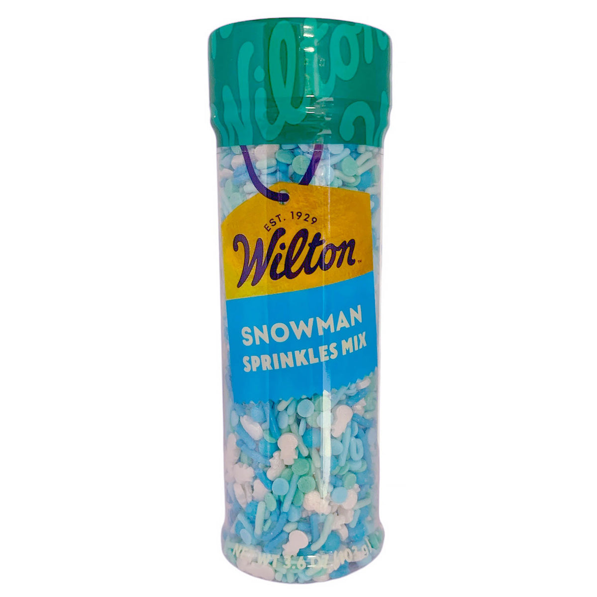 Wilton snowman xmas sprinkle mix in clear container with teal lid featuring colorful blue white and light green snowflake sprinkles