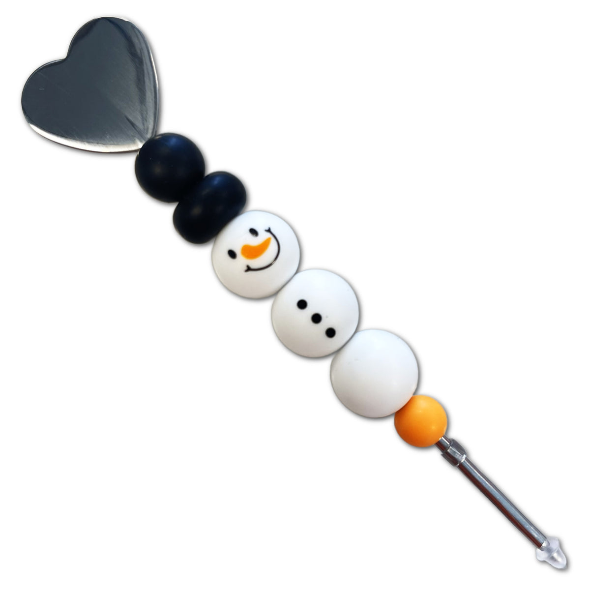 Just Chillin snowman cookie scribe with snowman-themed beaded crochet hook and silver heart-shaped handle