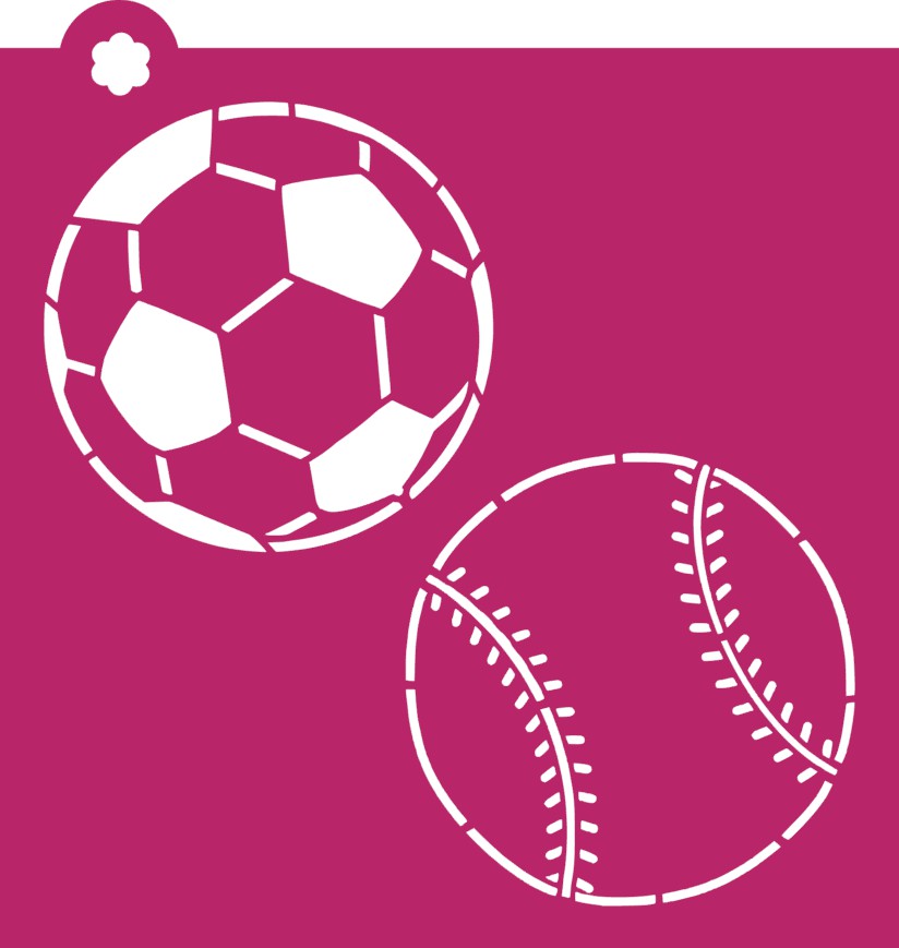 White soccer ball stencil on magenta background from sport ball 2pc flour box stencil set