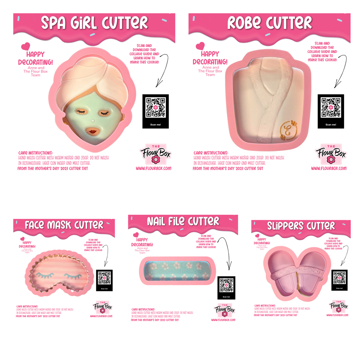 Pink silicone spa cookie cutter bundle shaped like face mask robe nail file slippers for baking and crafts