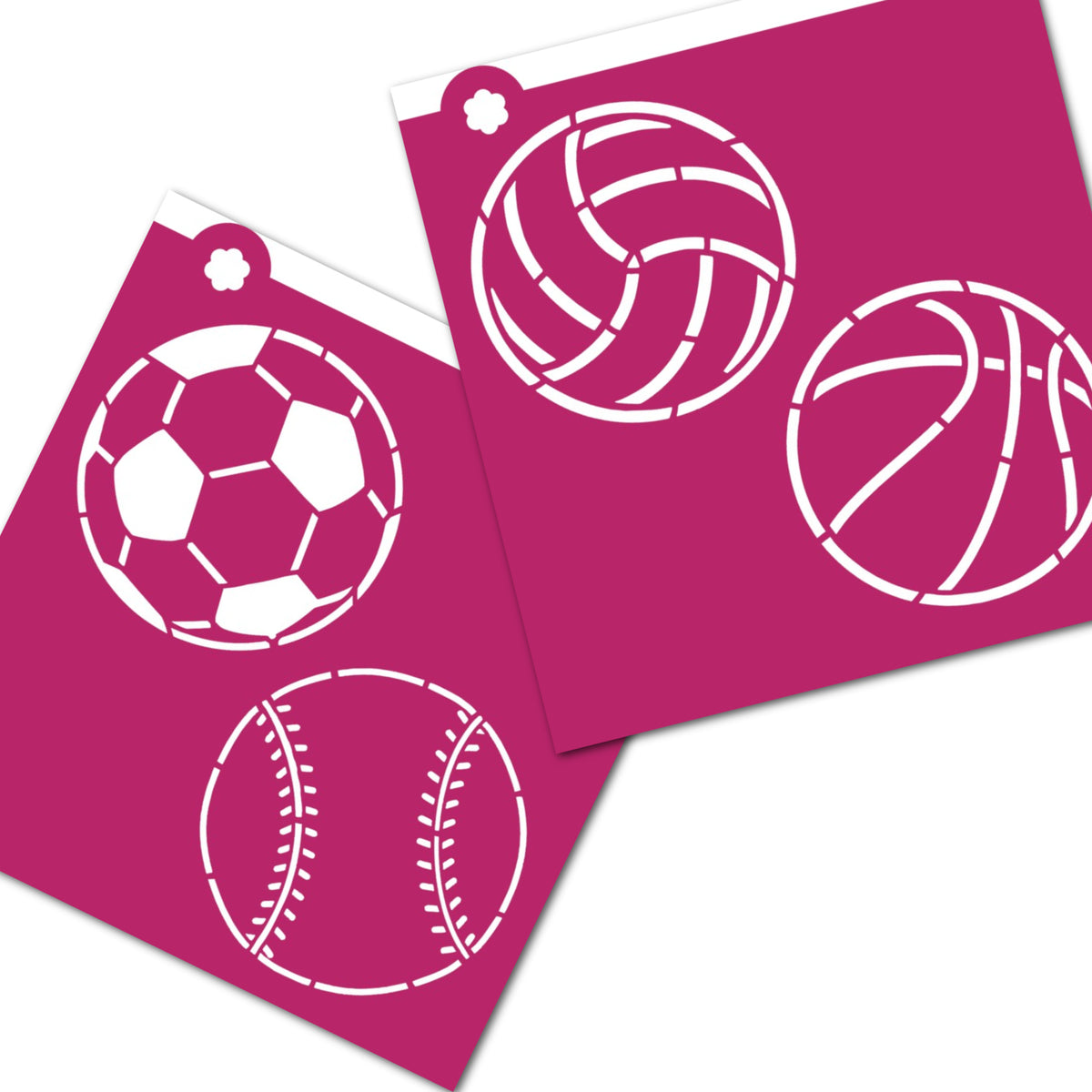 Magenta sport ball 2pc flour box stencil featuring white cut-out soccer volleyball basketball and baseball designs