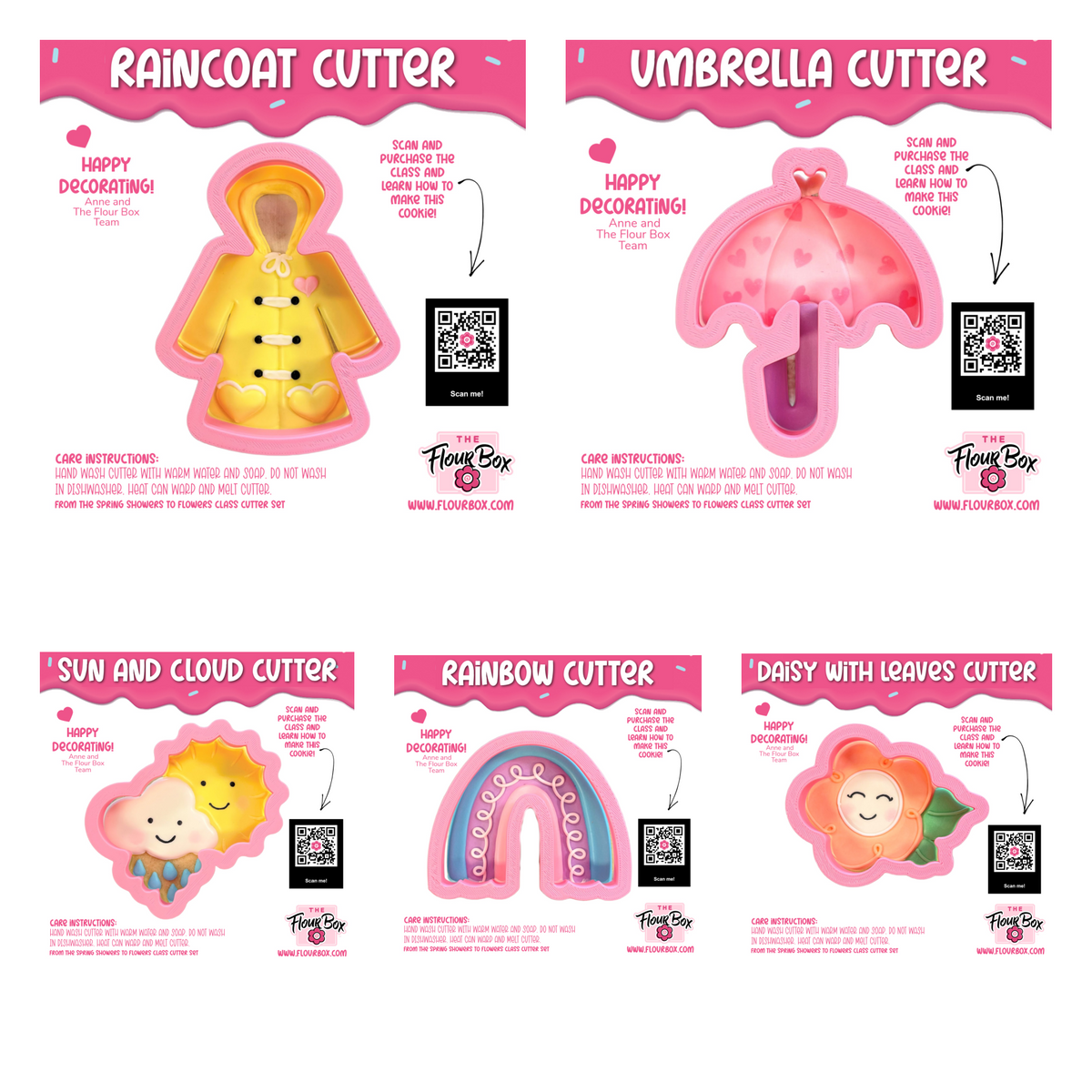 Yellow raincoat-shaped cookie cutter with black button details and pink silicone handle for spring cookie decorating class