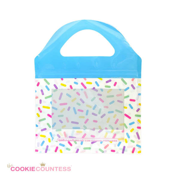Translucent blue plastic sprinkle cookie bag with colorful sprinkles pattern and clear window 10 bags pack