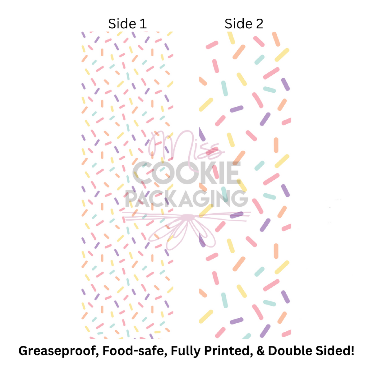 Double-sided pastel-colored sprinkle patterned greaseproof food-safe packaging paper for cookies 2.625 by 9.5 inches