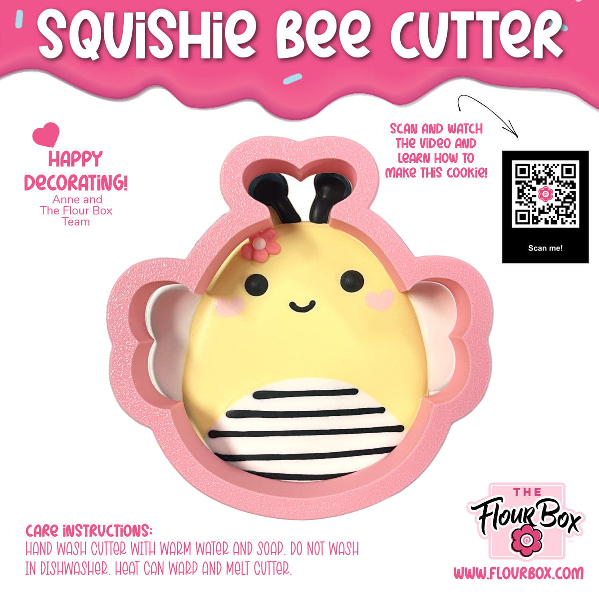 Pink silicone squishie bee cookie cutter with yellow and white stripes black antennae and a pink flower on its head