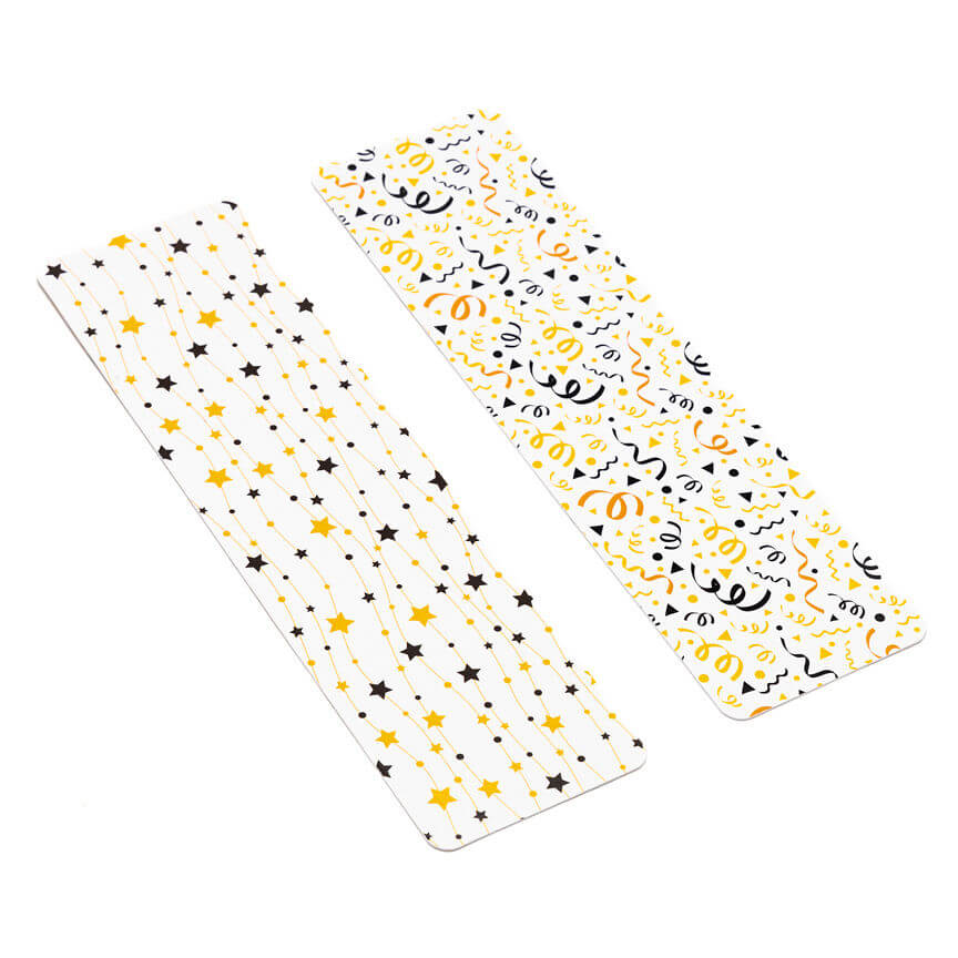 Two rectangular star banner confetti cookie bag backer cards with black yellow stars and gold confetti patterns