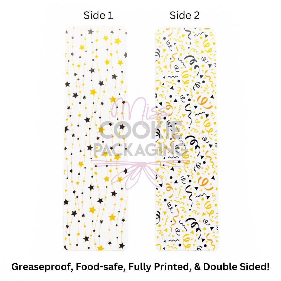 Double-sided greaseproof food-safe star banner confetti cookie bag backer card with star and festive confetti patterns
