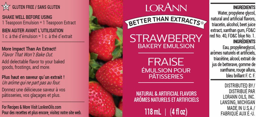 Lorann better than extracts strawberry bakery emulsion in a vibrant pink 4 oz bottle with fresh strawberry images
