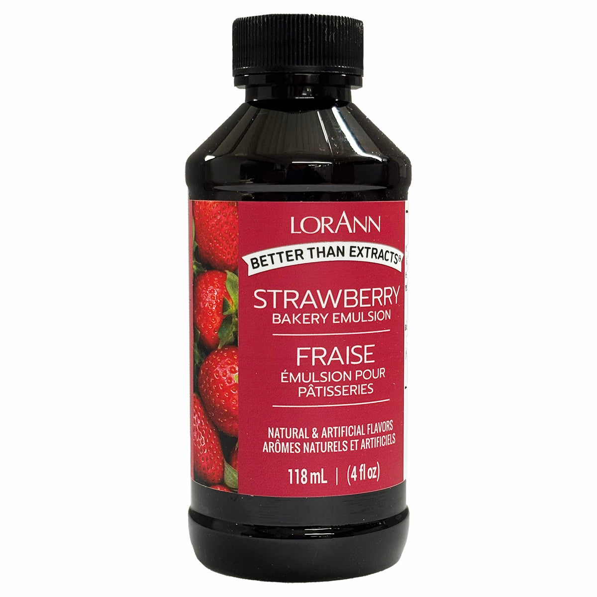 Strawberry Lorann baking emulsion in a dark glass 4 oz bottle with a red label featuring strawberries
