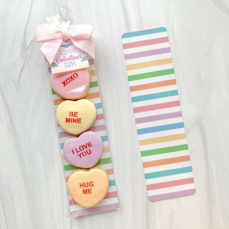 Stripes conversation hearts cookie bag backer card with pink cream lavender and peach heart candy cookies and red icing messages