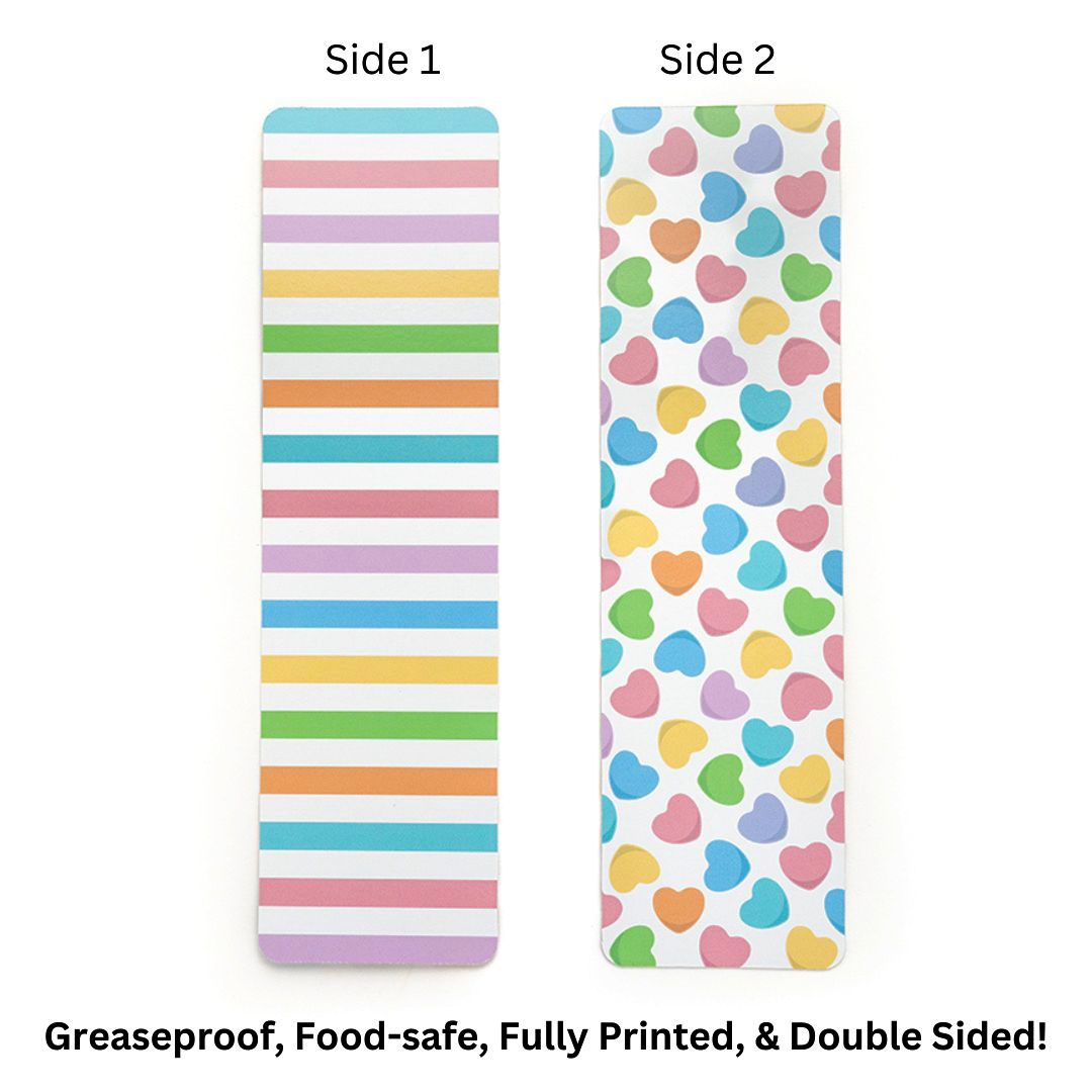 Double-sided bookmark with pastel rainbow stripes on one side and multicolored hearts on white on the back side