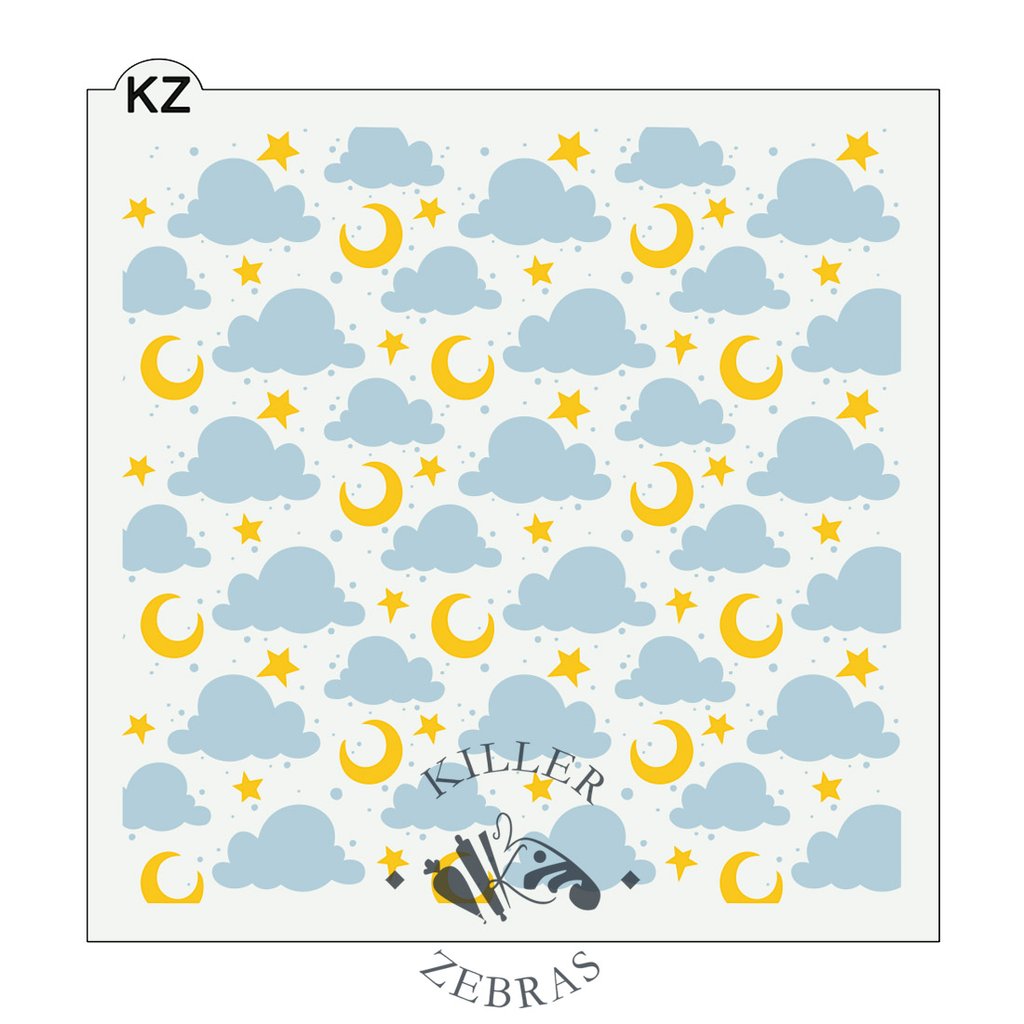 Sweet dreams 2pc kz stencil whimsical sticker sheet with light blue clouds yellow moons and stars on white background