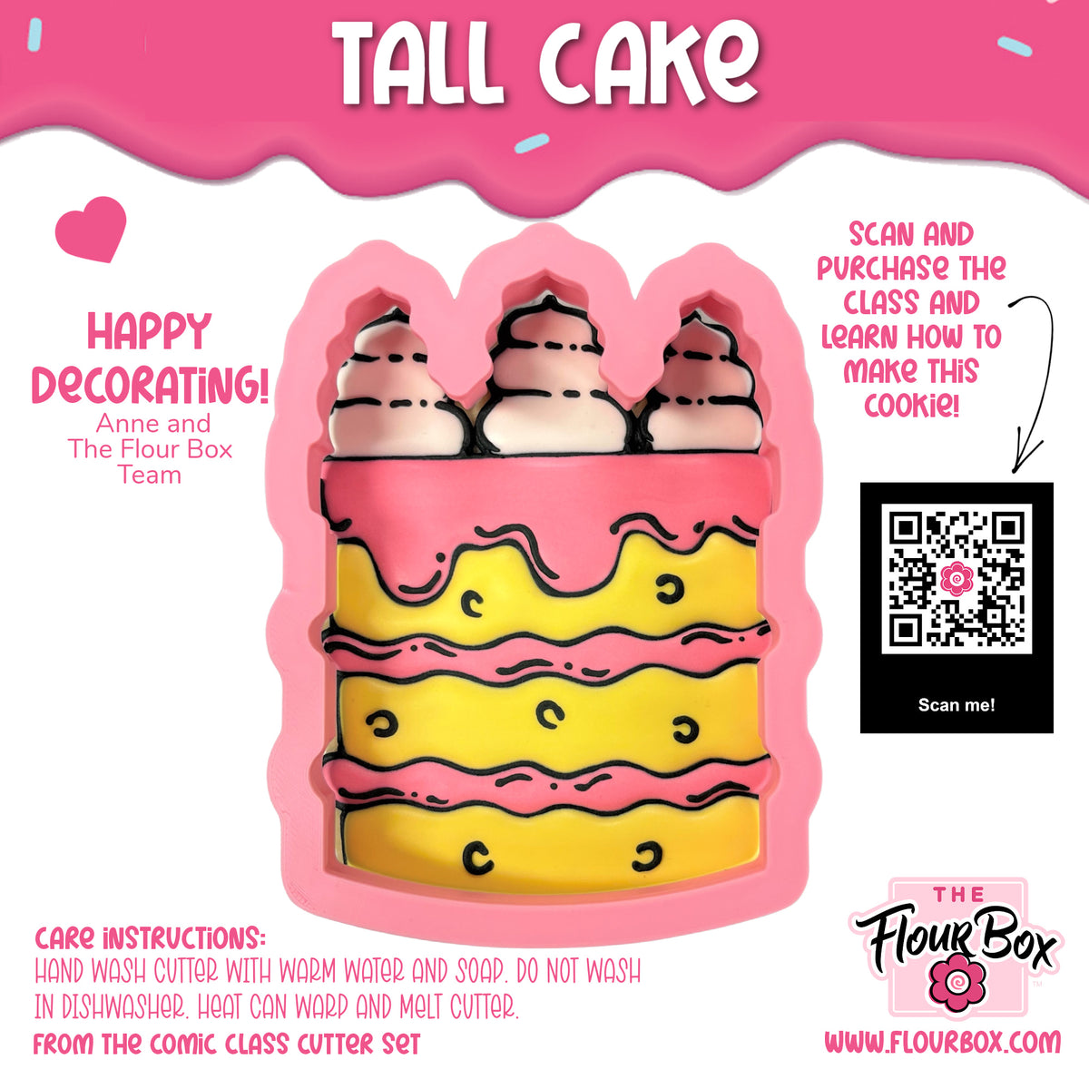 Tall cake cookie cutter silicone mold with pink and yellow layers and decorative frosting details for baking