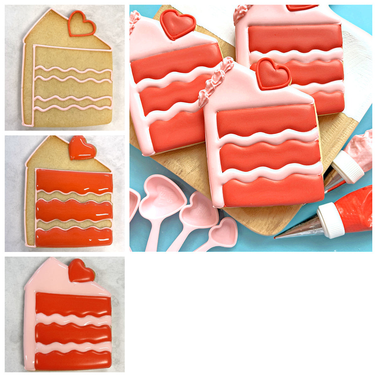 Red and pink layered cake shaped sugar cookies with heart decorations from valentine treats cookie cutter bundle