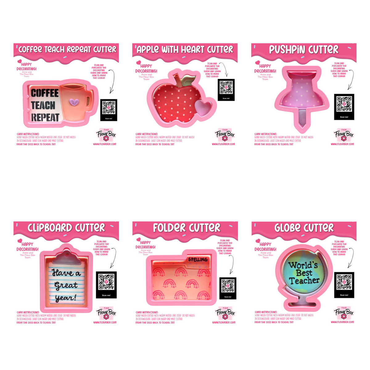 Pink silicone teacher school tools cookie cutter set with stencil includes coffee mugs apples pushpins clipboards folders and globes