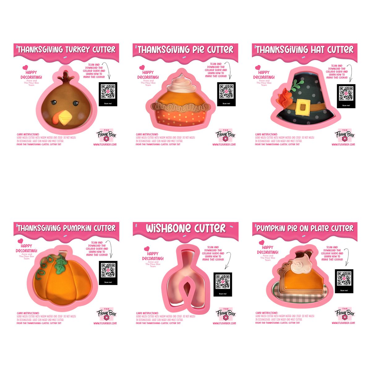 Thanksgiving classic cookie cutter bundle in pink packaging with turkey pie hat pumpkin wishbone pumpkin pie designs