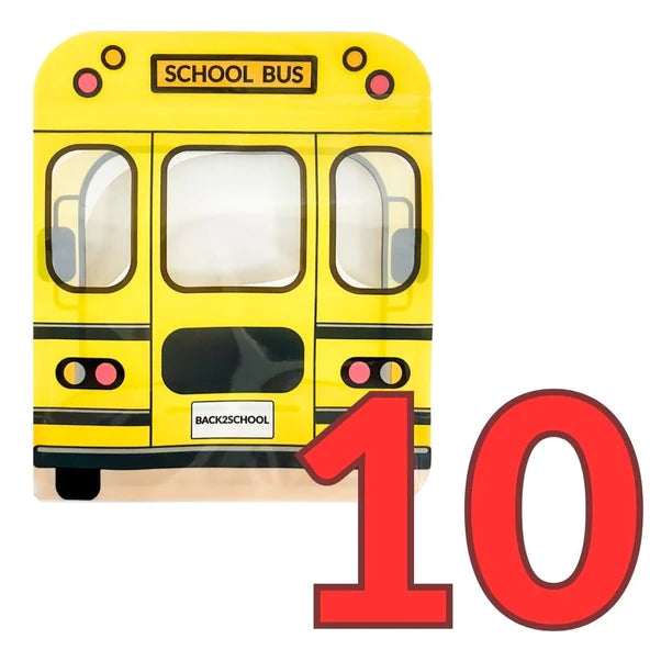 School bus cookie bag phone case shaped like a yellow school bus with black trim and red circular headlights
