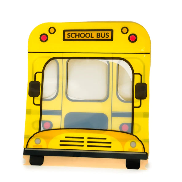 Yellow school bus-shaped cookie bag with black trim and red lights for 10 bags