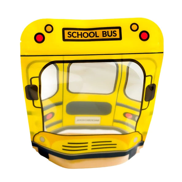 School bus cookie bag set features yellow school bus-shaped snack bags with red lights and black trim for parties