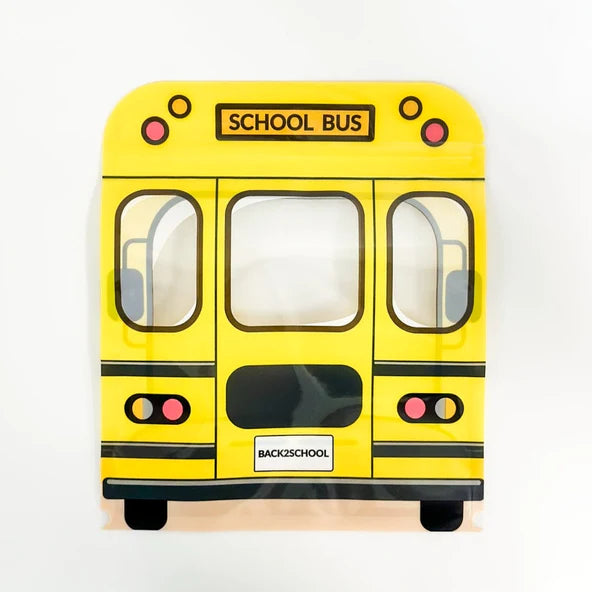 Yellow school bus-themed paper plate with black trim and red lights included in school bus cookie bag 10 bags set